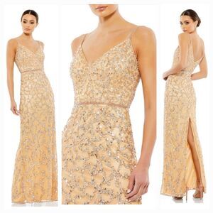 New MAC DUGGAL 5481 Nude Sleeveless V-Neck Sequin Beaded Column Wm's (16) $398